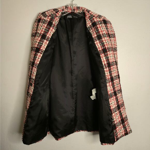 Zara Plaid Double Breasted Plaid Tweed Red Long Oversized Blazer Size M Holiday - Picture 11 of 16